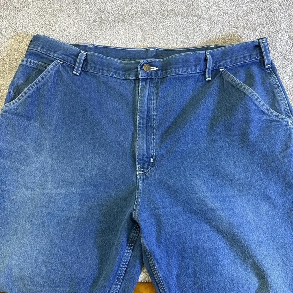 Carhartt Denim Carpenter Jeans 42x30 Workwear Blue Jeans Leather Patch - Picture 2 of 8